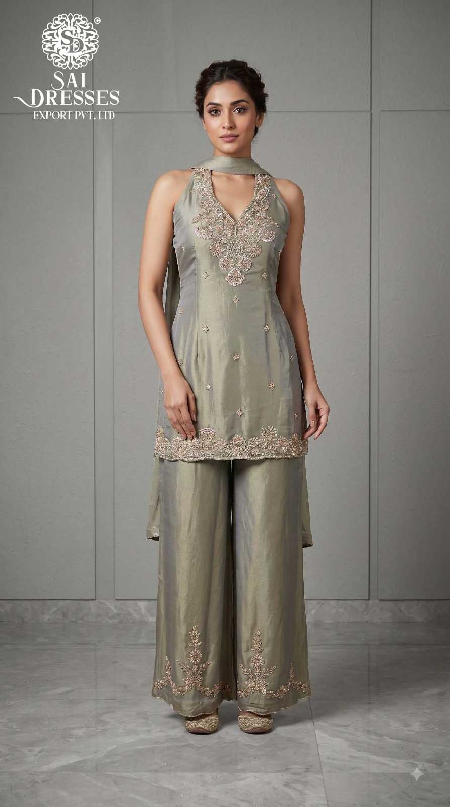 SAGE GREEN HEAVY EMBROIDERED SHORT KURTA WITH WIDE LEG PALAZZO SET