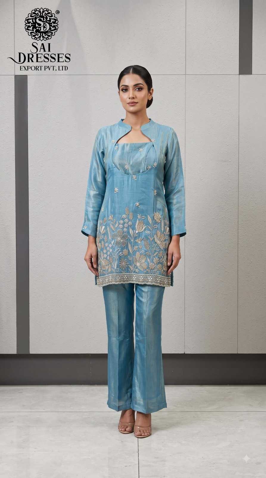 SKY BLUE FLORAL EMBROIDERED SHORT KURTA WITH WIDE LEG PANT SET