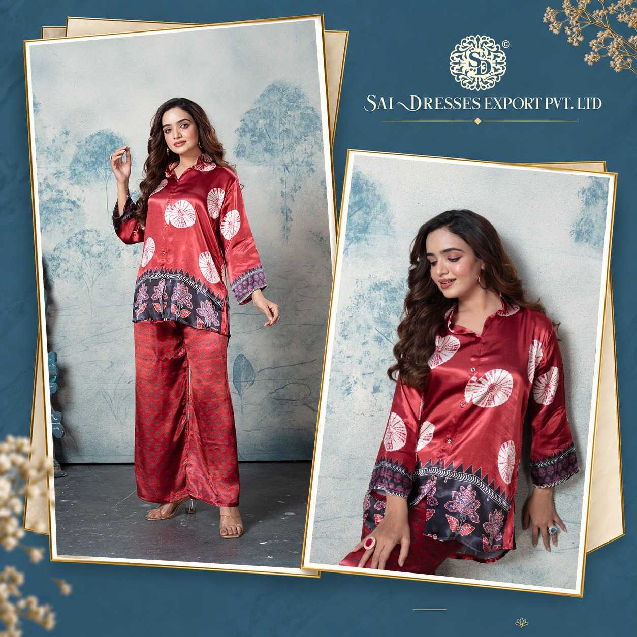 WINE AND BEIGE ABSTRACT GEOMETRIC PRINT SHIRT WITH WIDE LEG PANT CO-ORD SET