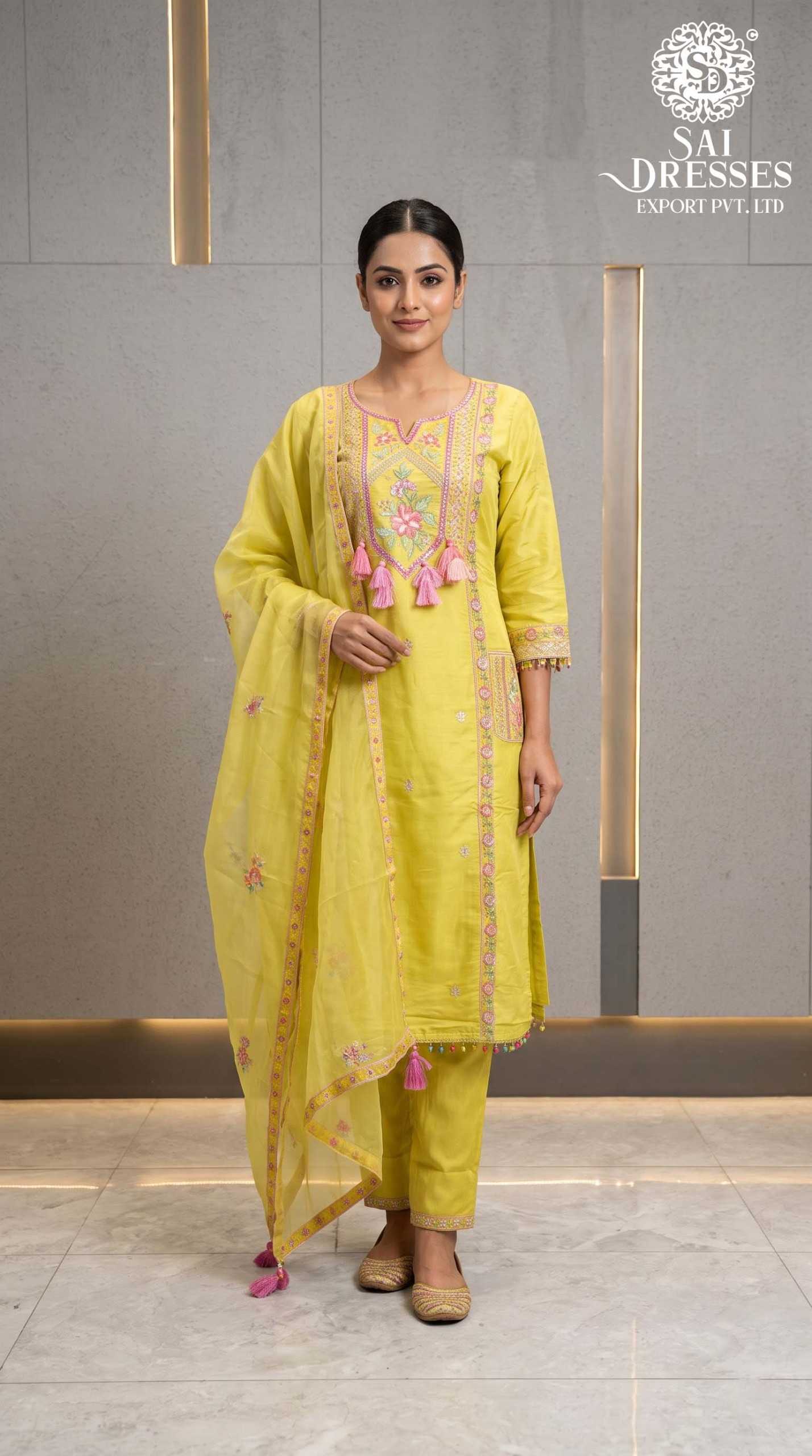 YELLOW FLORAL EMBROIDERED KURTA PANT WITH MATCHING DUPATTA SET