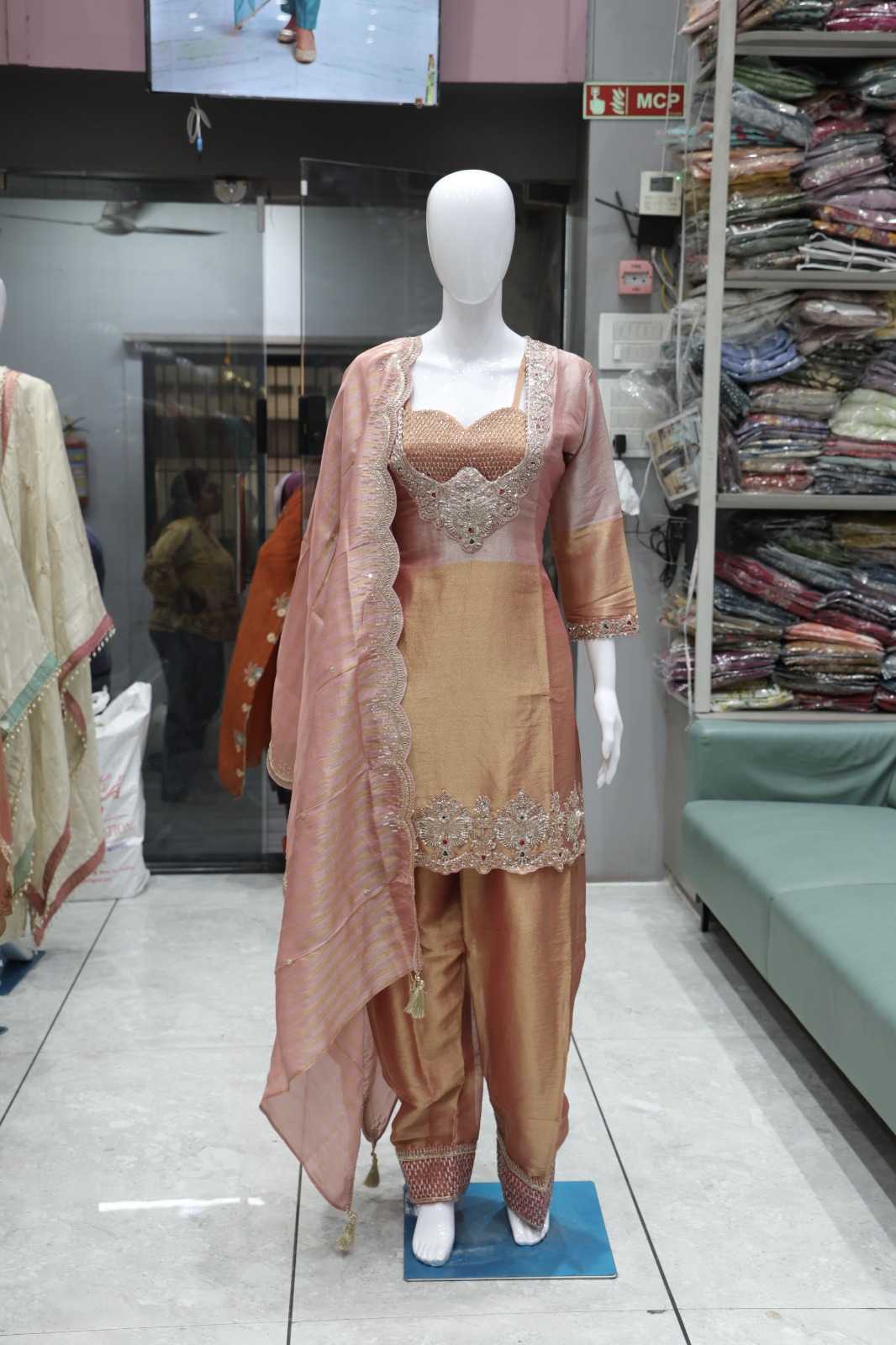 CREAM & RED GIRAAF FABRIC HEAVY EMBROIDERED 3 PIECE SUIT SET