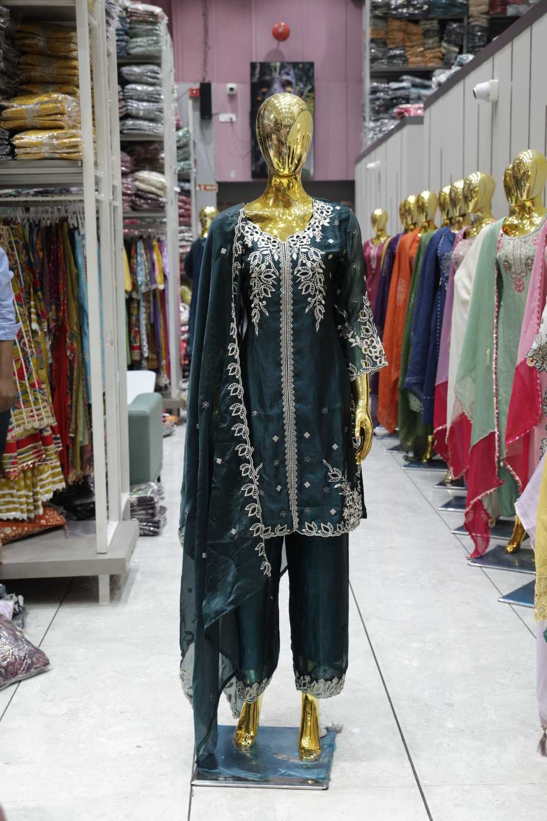 DARK TEAL GREEN FANDY FABRIC HEAVY EMBROIDERED 3 PIECE SALWAR SUIT SET