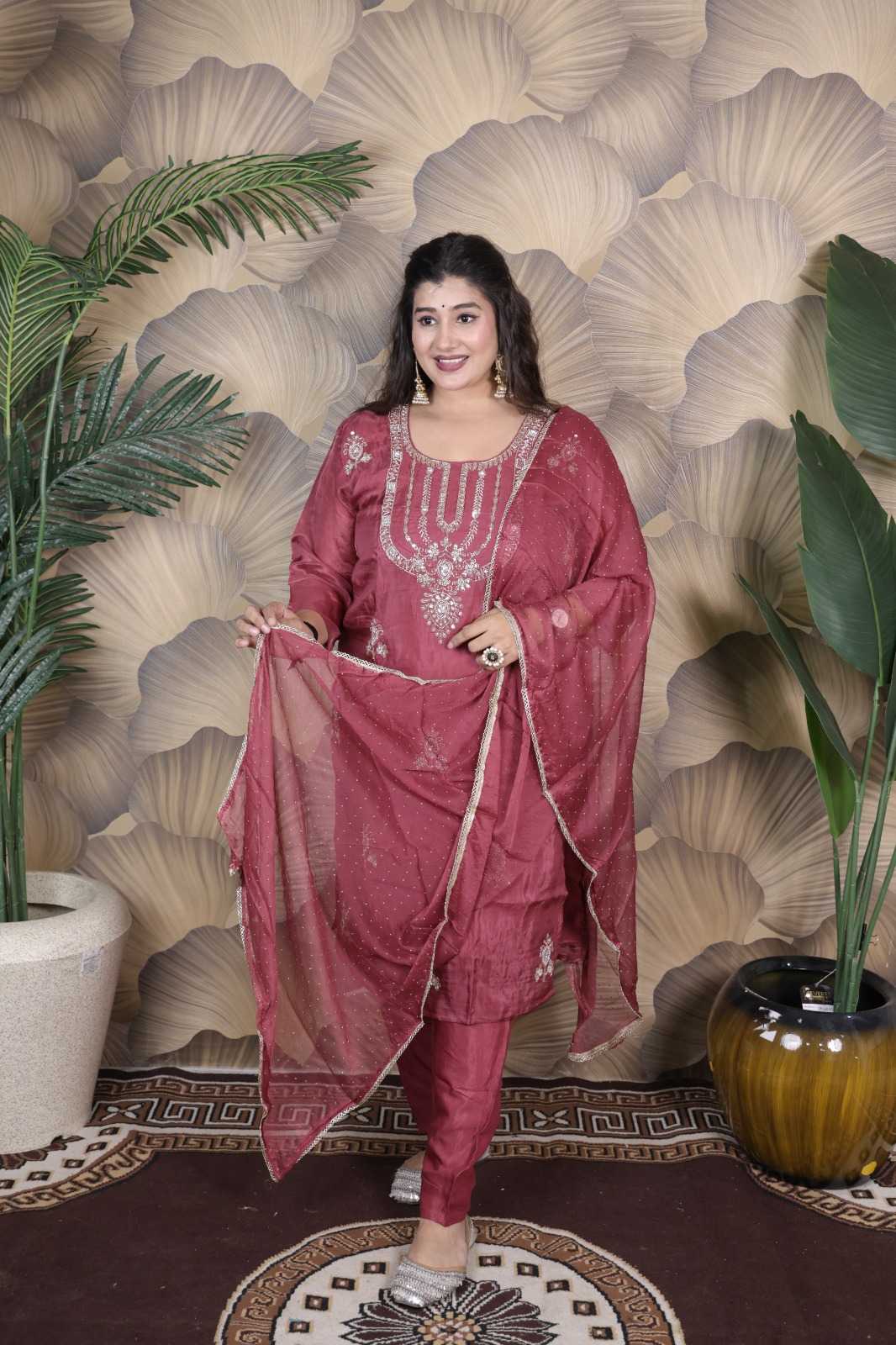 GLASS ORGANZA HEAVY BITS WORK WITH CHIFFON DUPATTA SET