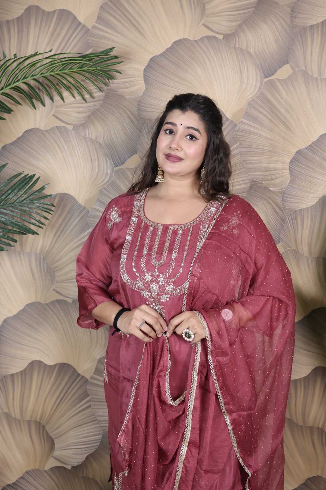 GLASS ORGANZA HEAVY BITS WORK WITH CHIFFON DUPATTA SET