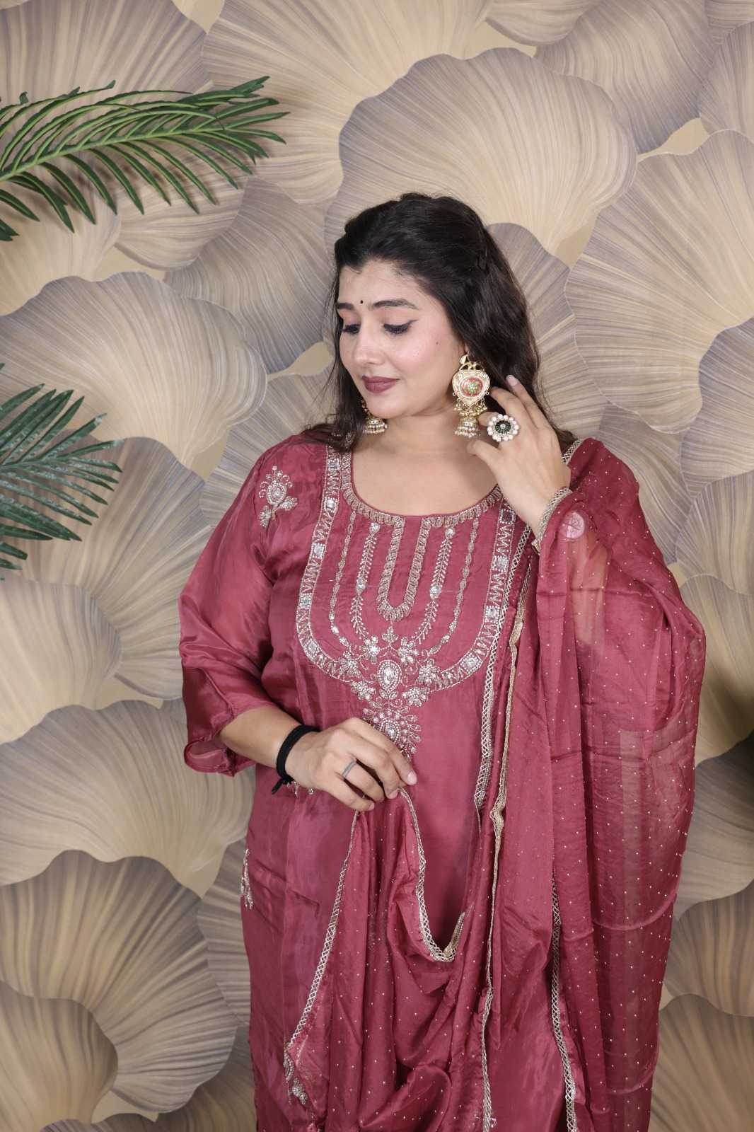 GLASS ORGANZA HEAVY BITS WORK WITH CHIFFON DUPATTA SET