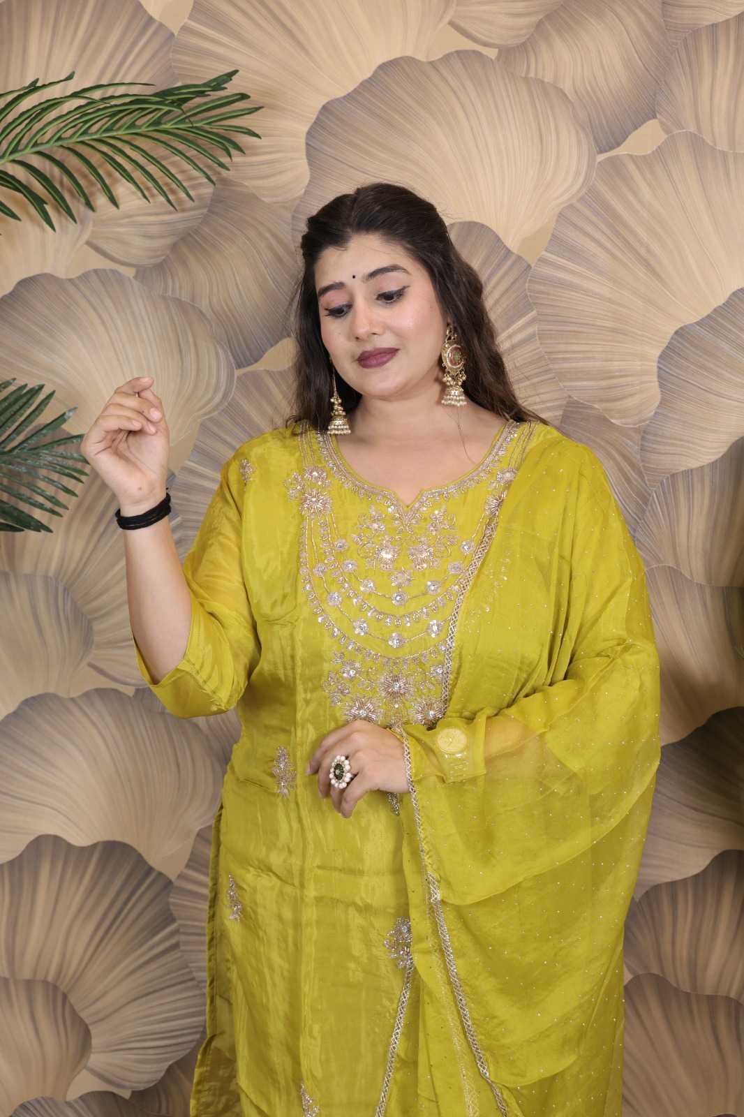 GLASS ORGANZA PREMIUM SEQUIN DIAMOND WORK ETHNIC SUIT SET