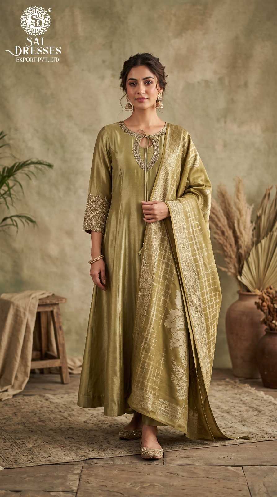 GOLDEN OLIVE GIRAAF FABRIC HEAVY SEQUENCE WORK 3 PIECE SUIT SET