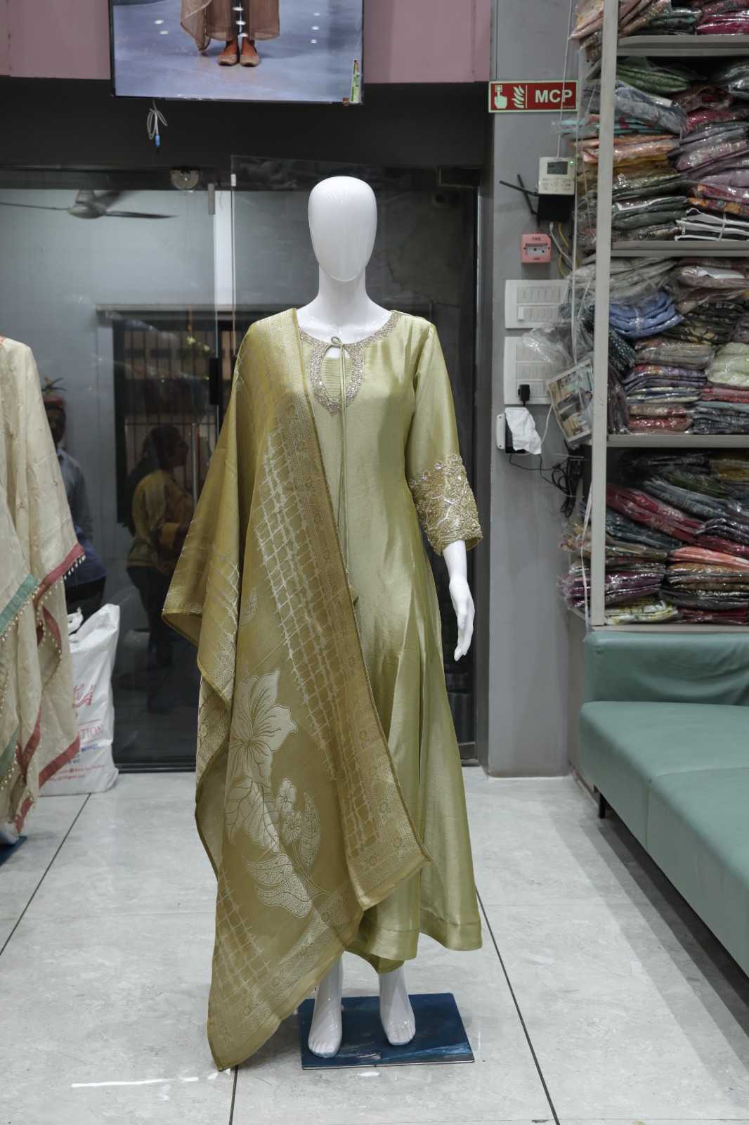 GOLDEN OLIVE GIRAAF FABRIC HEAVY SEQUENCE WORK 3 PIECE SUIT SET