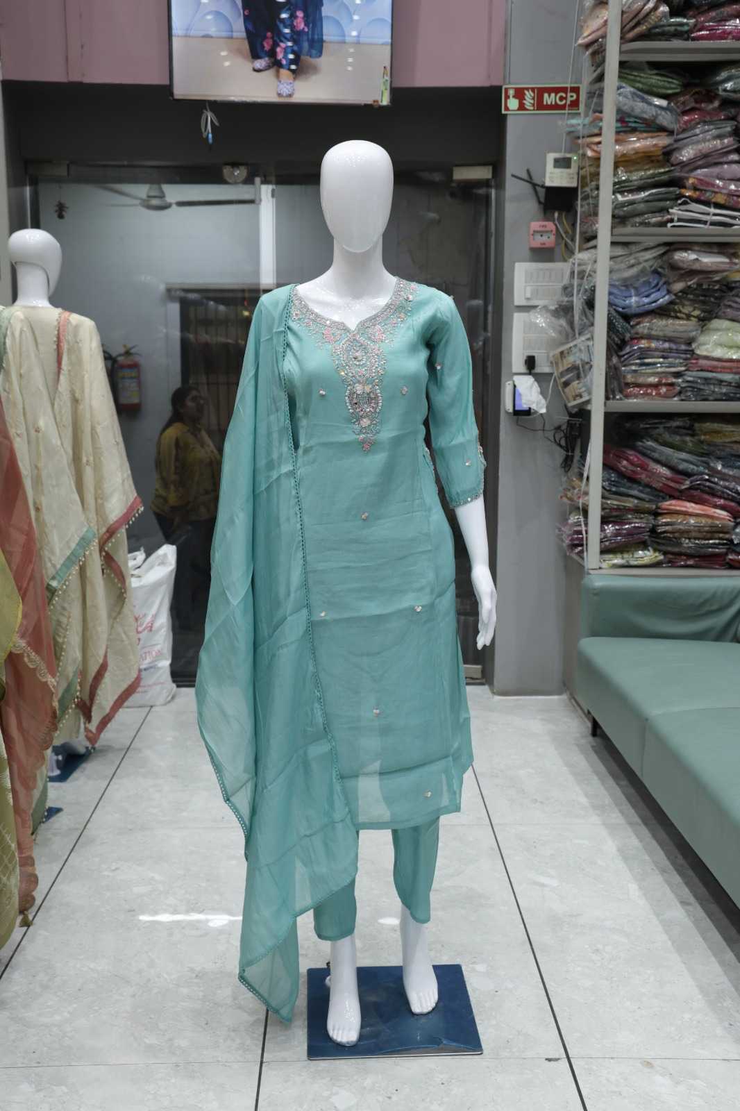 MINT GREEN MAL CHANDERI SUIT SET