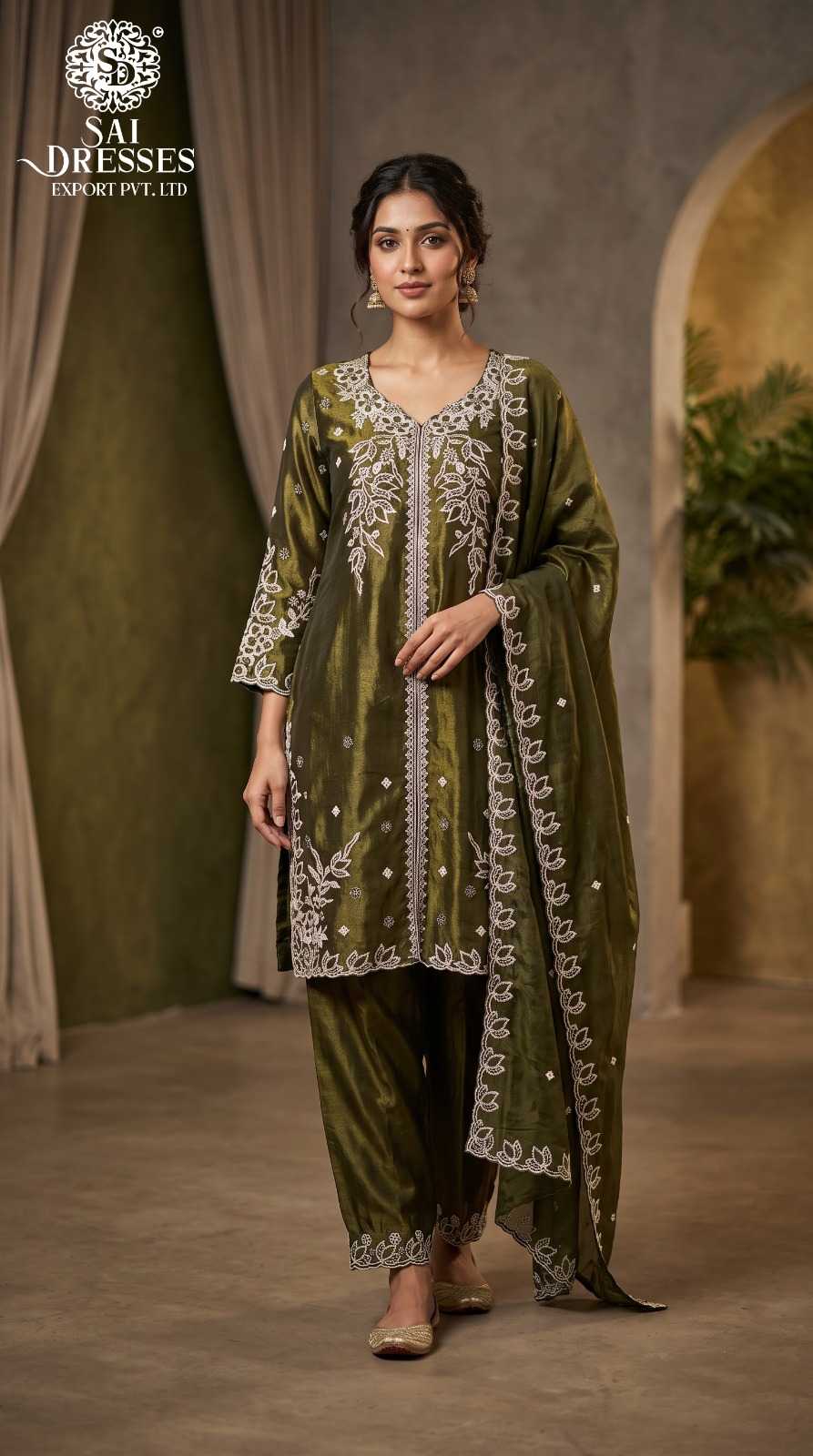 OLIVE GREEN FANDY FABRIC HEAVY EMBROIDERED 3 PIECE SALWAR SUIT SET