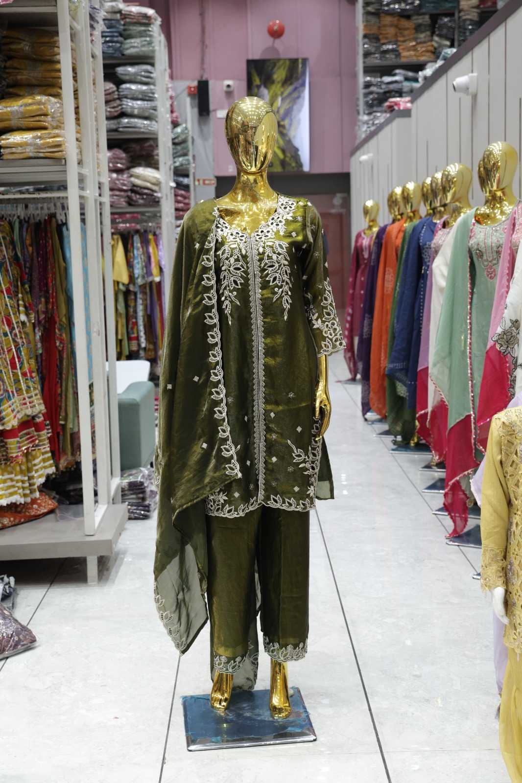 OLIVE GREEN FANDY FABRIC HEAVY EMBROIDERED 3 PIECE SALWAR SUIT SET