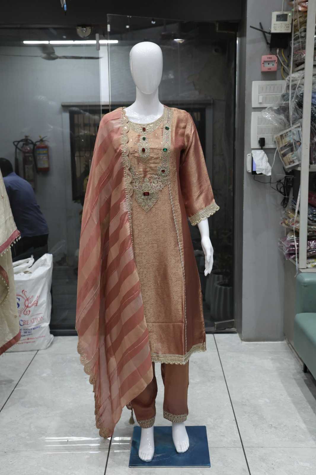 PEACH ROSE GIRAAF FABRIC HEAVY HANDWORK EMBROIDERED 3 PIECE SUIT SET