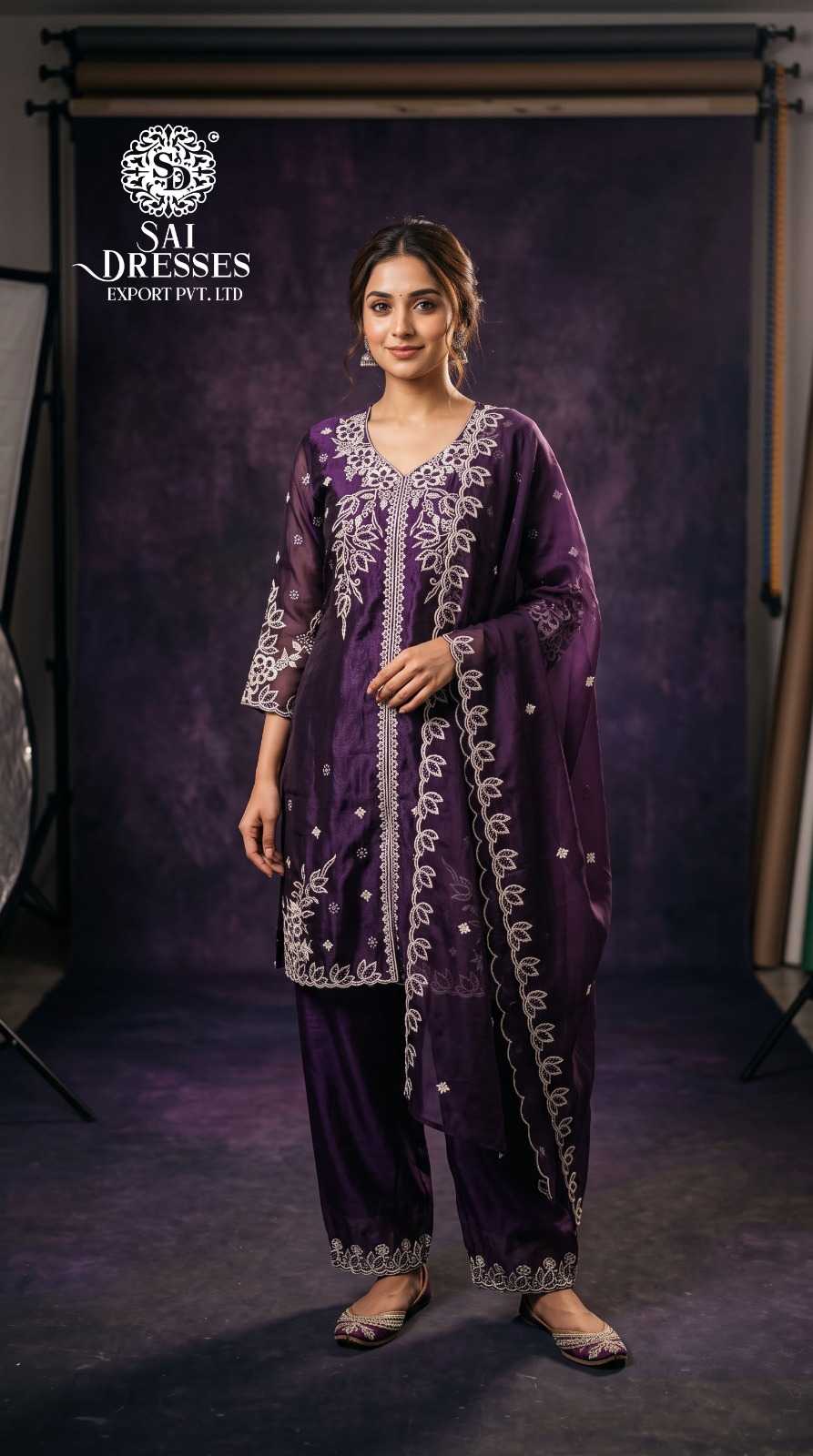 PURPLE FANDY FABRIC HEAVY EMBROIDERED 3 PIECE SALWAR SUIT SET