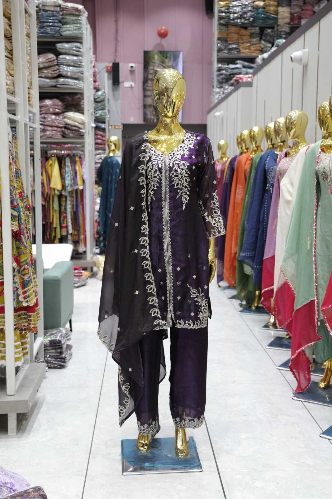 PURPLE FANDY FABRIC HEAVY EMBROIDERED 3 PIECE SALWAR SUIT SET