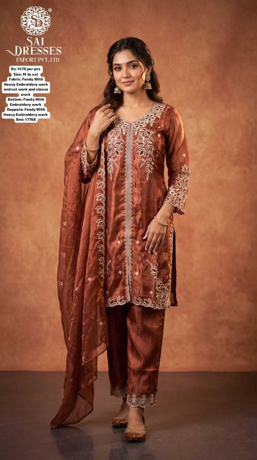 RUST BROWN FANDY FABRIC HEAVY EMBROIDERED 3 PIECE SALWAR SUIT SET