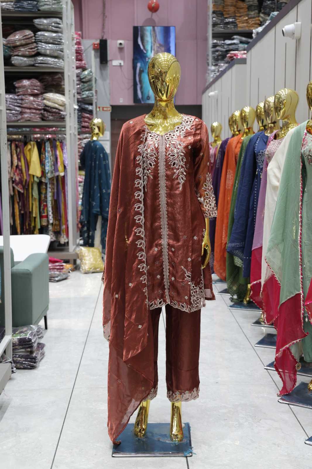 RUST BROWN FANDY FABRIC HEAVY EMBROIDERED 3 PIECE SALWAR SUIT SET
