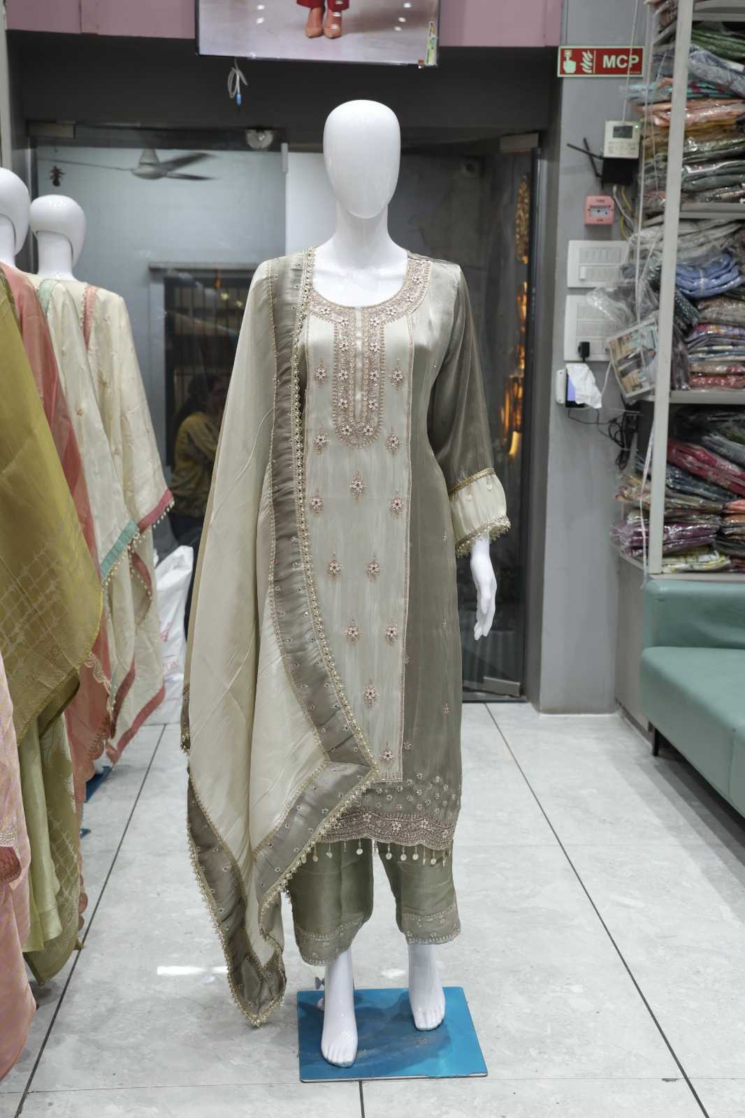 SAGE GREEN IVORY GIRAAF FABRIC HEAVY EMBROIDERED 3 PIECE SUIT SET