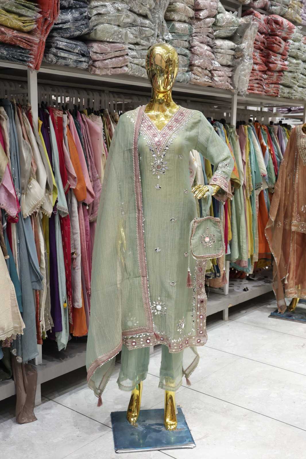 SALSA FABRIC HEAVY GOTA PATTI MIRROR WORK ETHNIC SET  PISTA