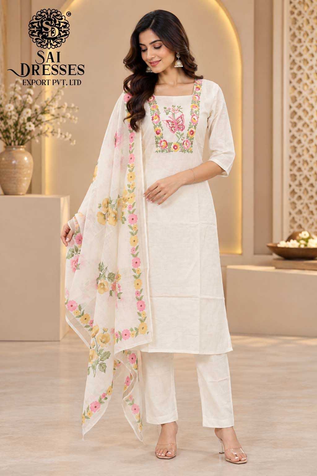 WHITE FLORAL EMBROIDERED COTTON 3 PIECE SUIT SET