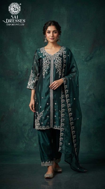 DARK TEAL GREEN FANDY FABRIC HEAVY EMBROIDERED 3 PIECE SALWAR SUIT SET