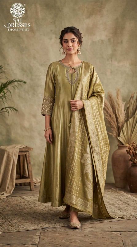 GOLDEN OLIVE GIRAAF FABRIC HEAVY SEQUENCE WORK 3 PIECE SUIT SET