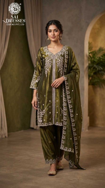 OLIVE GREEN FANDY FABRIC HEAVY EMBROIDERED 3 PIECE SALWAR SUIT SET
