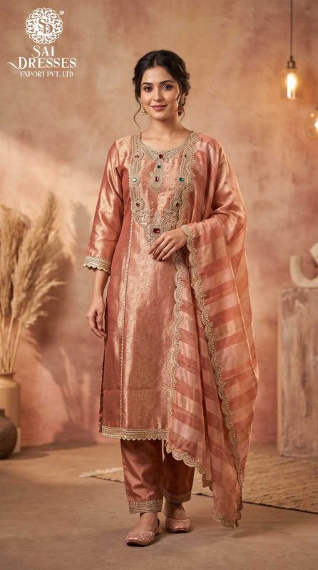 PEACH ROSE GIRAAF FABRIC HEAVY HANDWORK EMBROIDERED 3 PIECE SUIT SET
