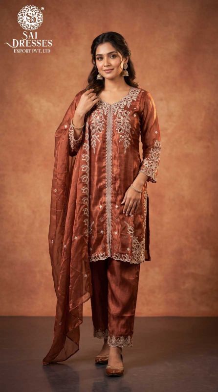 RUST BROWN FANDY FABRIC HEAVY EMBROIDERED 3 PIECE SALWAR SUIT SET