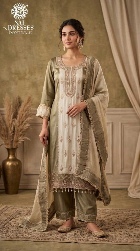 SAGE GREEN IVORY GIRAAF FABRIC HEAVY EMBROIDERED 3 PIECE SUIT SET