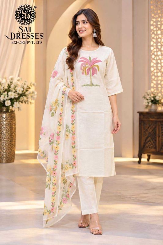 WHITE FLORAL EMBROIDERED COTTON 3 PIECE SUIT SET
