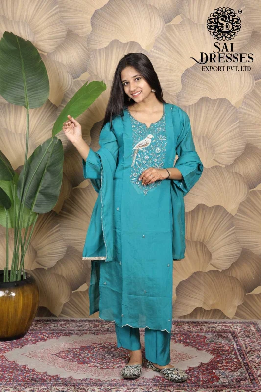 MAL CHANDERI HEAVY EMBROIDERY & MOTI WORK DESIGNER SUIT SET