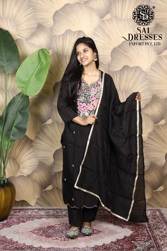 MAL CHANDERI HEAVY MOTI & EMBROIDERY WORK DESIGNER SUIT SET