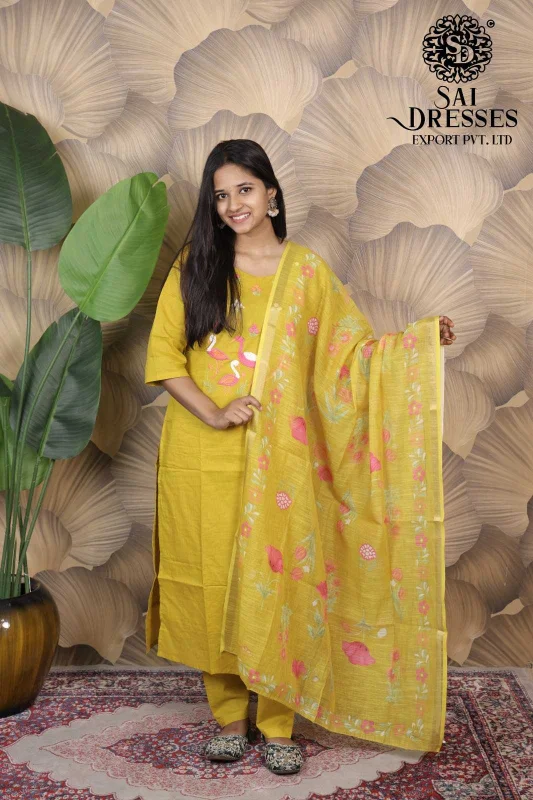 SILLY COTTON HEAVY THREAD WORK PRINTED LADIES SUIT SET