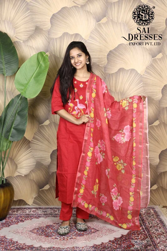SILLY COTTON HEAVY THREAD WORK PRINTED SUIT SET FOR WOMEN